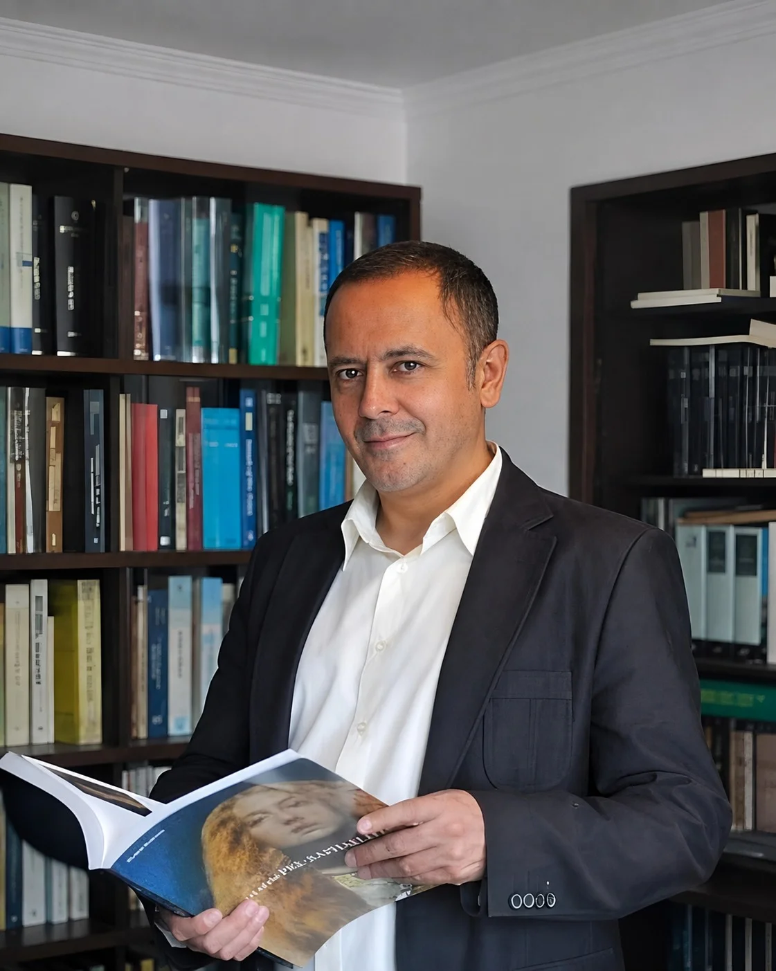 Carlos Framb con un libro abierto frente a una biblioteca